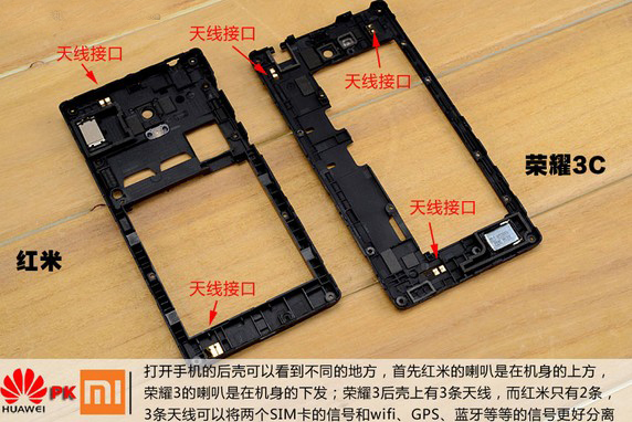 华为荣耀3C/红米 后壳结构外观对比