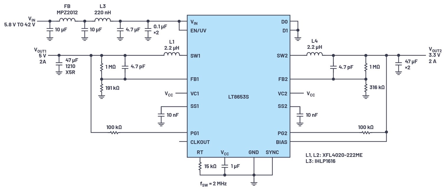 ADI技术文章图1 - 具有6.2 µA静态电流的双通道、42 V、2 A、单片、同步降压型Silent Switcher 2稳压器.jpg