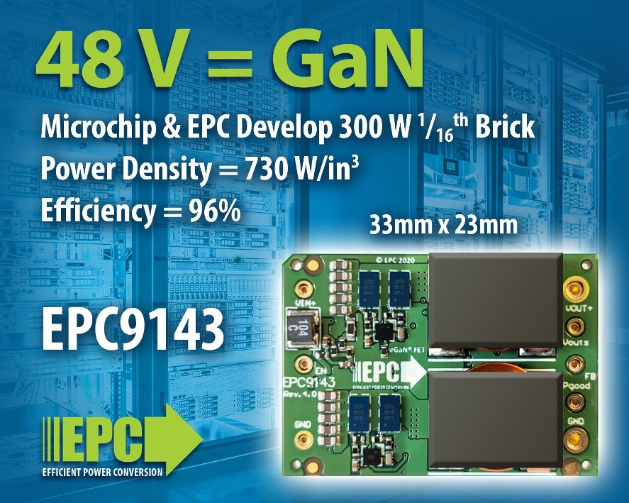 EPC和Microchip公司携手开发用于高功率密度计算应用和数据中心的 300 W、1/16砖式48 V/12 V DC/DC转换器演示板