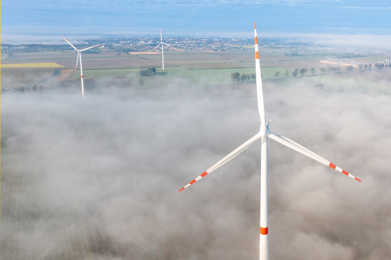 Premium Photo | Aerial view of wind turbine in fog, environment, renewable  energy, power generation, summer landscape, drone