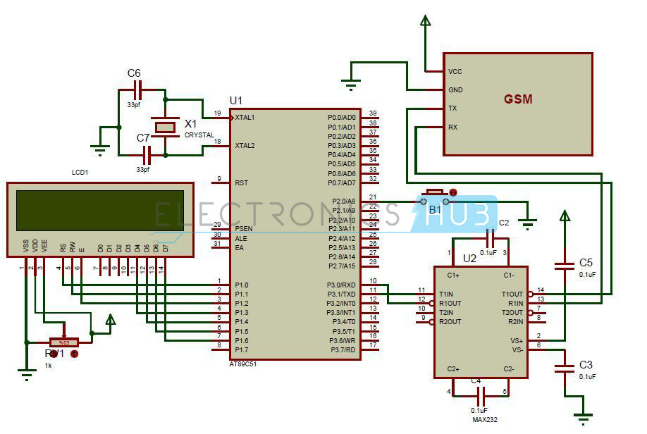 GSM Interfacing with 8051 Microcontroller Circuit Diagram