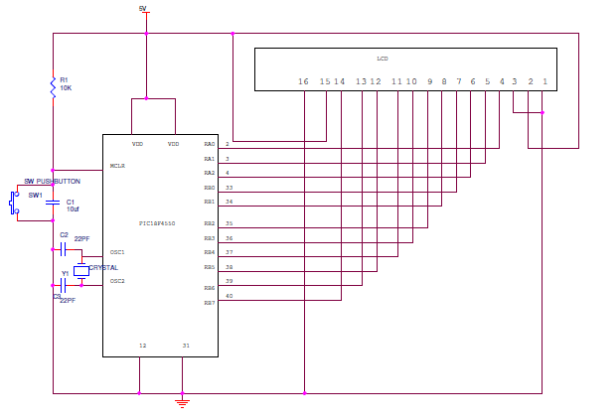 Circuit Diagram of 16X2 LCD Interfacing PIC Microcontroller