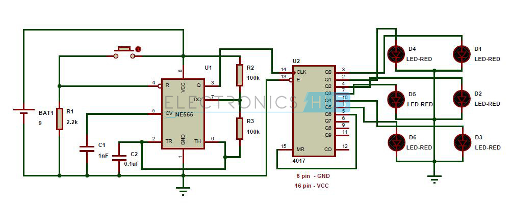 Digital Dice with LEDs Circuit