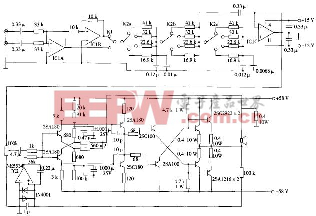超重低音音箱用的主动伺服式功率放大器电路图