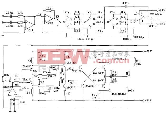 超重低音音箱用的主动伺服式功率放大器电路图