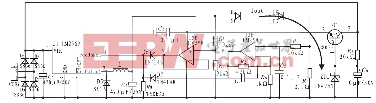 图4 基于LM2596-ADJ 的LED 开关恒流稳压电源