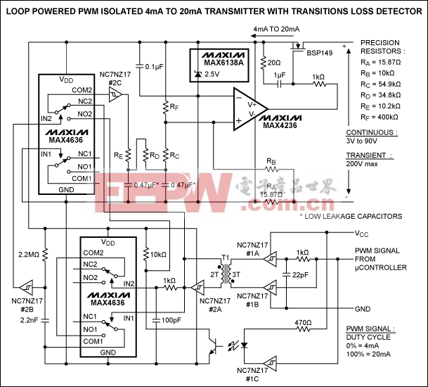 Figure 2. Adding a transitions-loss detector to the Figure 1 circuit eliminates the brief output uncertainty that can accompany a power-up, power-loss, or loss of input signal.