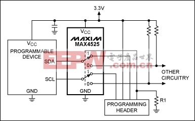 Figure 1. This analog switch (MAX4525) enables in-circuit programming by providing dual service for two lines (SDA and SCL) on the programmable device: for normal operation they connect to other circuitry, and for programming mode they connect to the programming header.