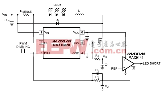 Figure 2. Adding this comparator circuit to the Figure 1 circuit provides detection of shorted LEDs.