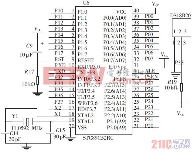 图2 STC89C52RC 微控制器模块和DS18B20 的连接电路图