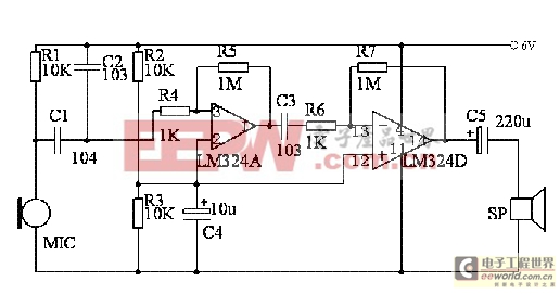 用四运放LM324制作高灵敏度声音探听器