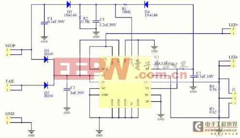 用于汽车尾灯的LED驱动器MAX16804的应用电路