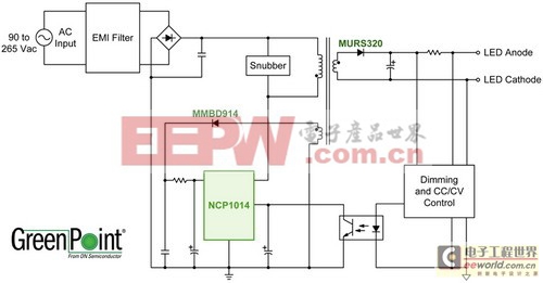 采用基于NCP1014的LED模块重新设计的台灯的电路图