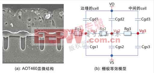 图1：AOT460显微结构图及栅极等效模型。