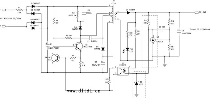 RCC 5V/400mA开关电源电路图