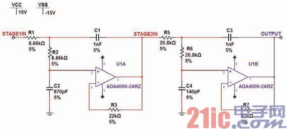 图1：NI Multisim中的20kHz巴特沃兹滤波器