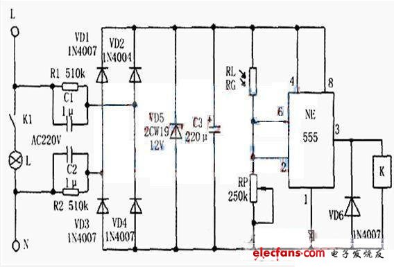 Ne555光控开光路灯电路图