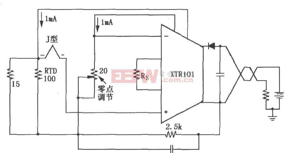 XTR101构成的具有RTD冷端补偿的热电偶输入电路图