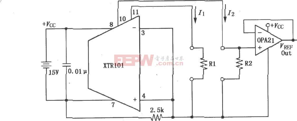 由单电源供电的精密双电流源电路图(XTR101)