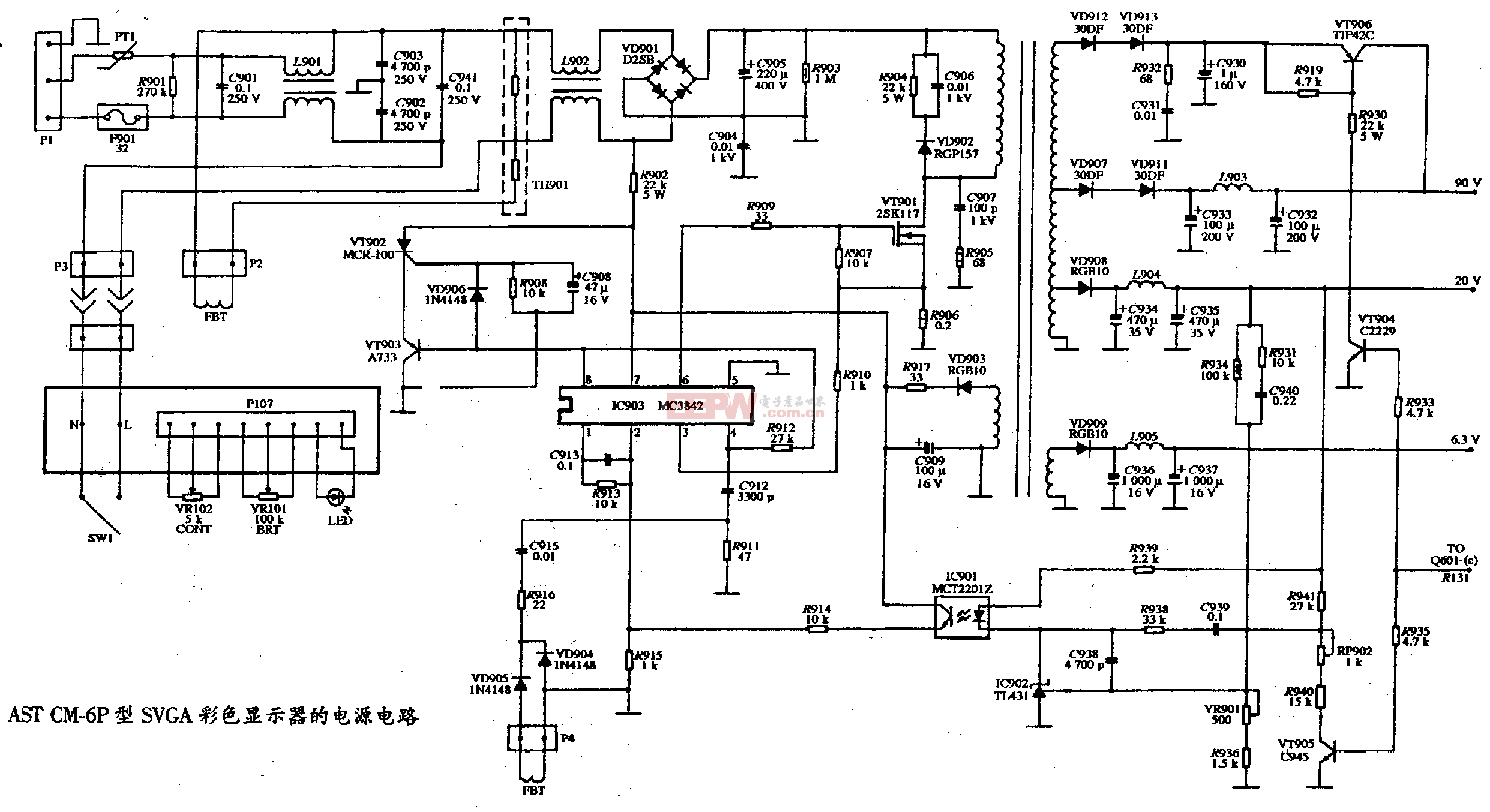 10、AST CM-6P型SVGA彩色显示器的电源电路图
