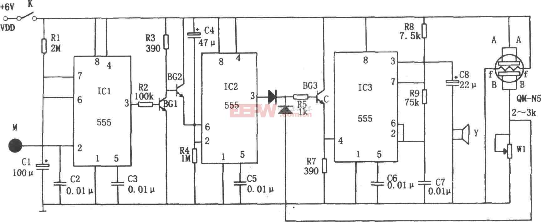 555构成的家用防盗防火报警器电路图