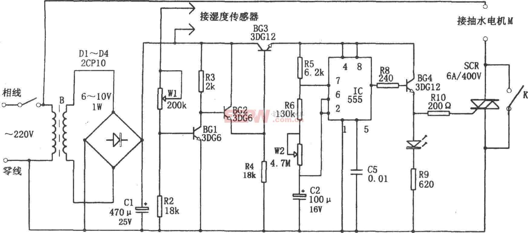 555构成的自动定时间歇灌溉控制电路图