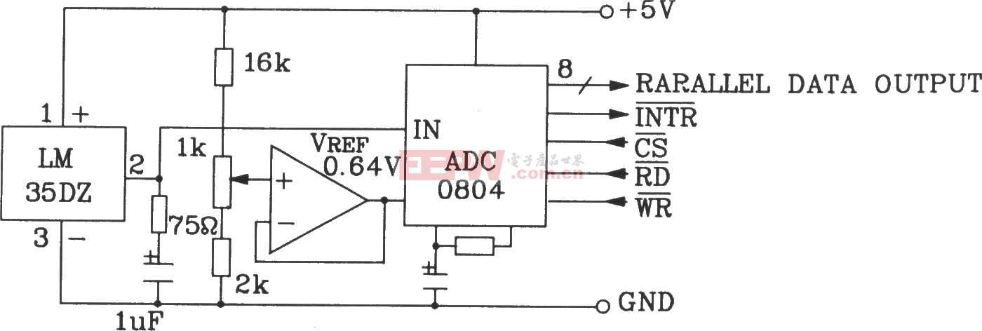 LM35DZ摄氏温度传感器构成温度量A／D转换为并行三态输出标准微机接口数据总线电路图