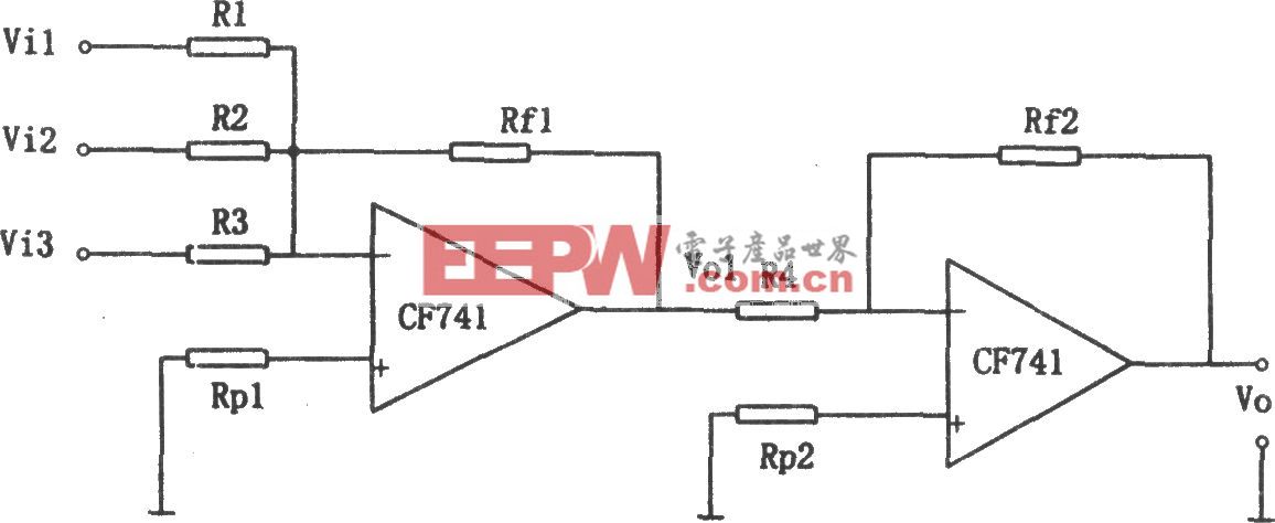 CF741构成的输入输出同相加法电路