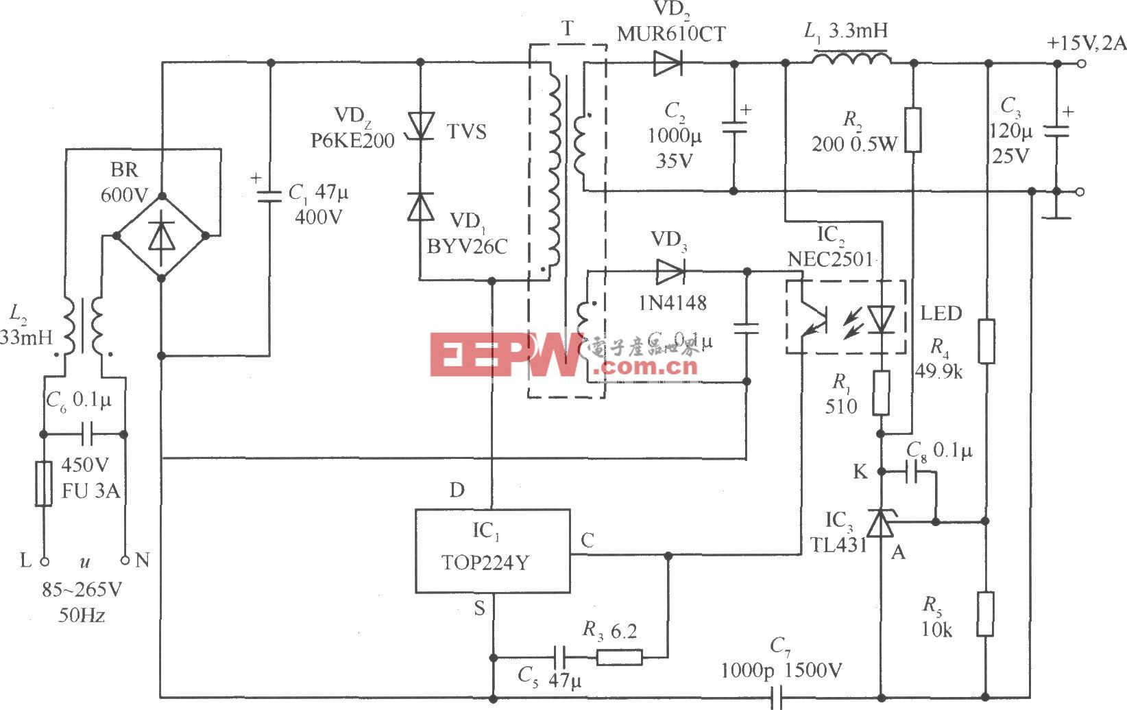 TOP224Y构成的15V、2A输出的直流开关电源电路