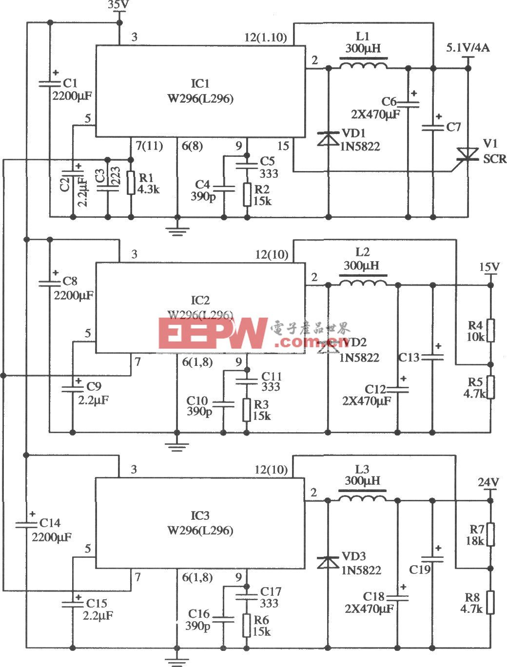 W296同步工作同时提供三路电源的应用电路