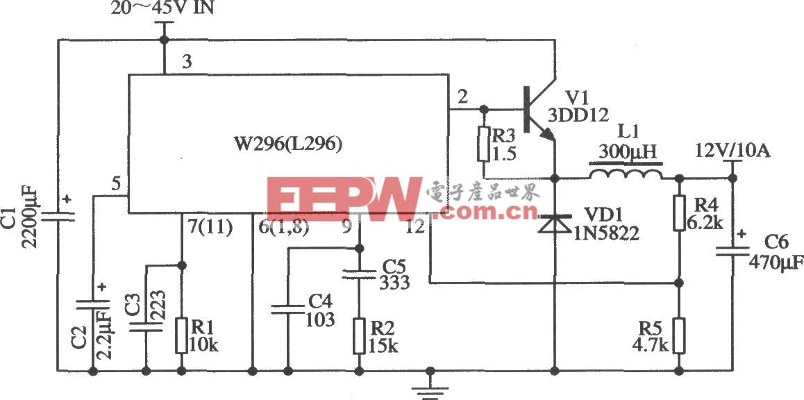 W296构成的输出l2V／10A的扩流应用电路