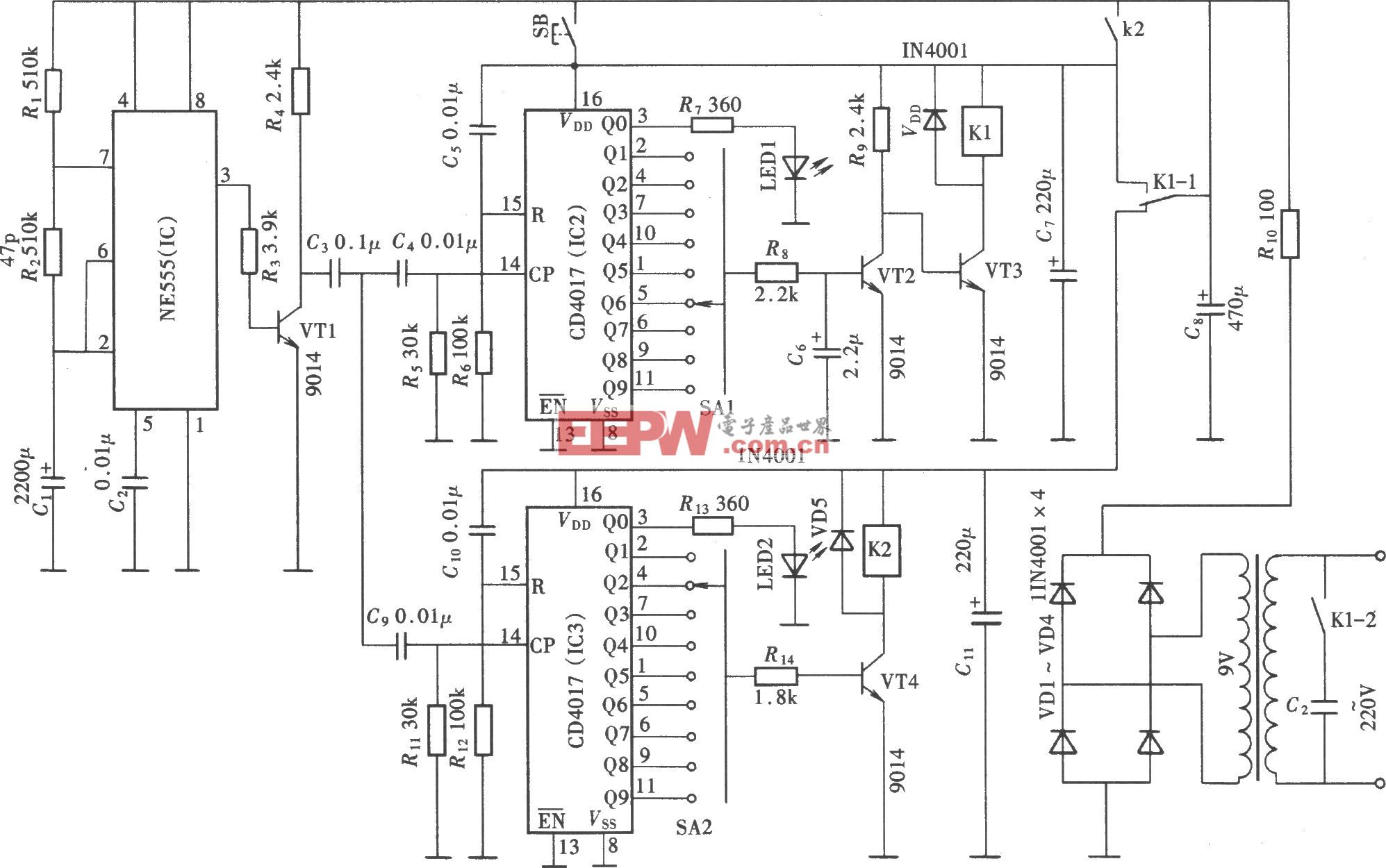 具有开、停预置功能的循环定时器(CD4017、NE555)