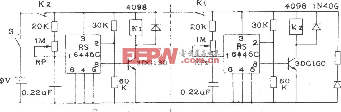 由两块RS6445C长时间定时集成电路构成的间歇定时器电路