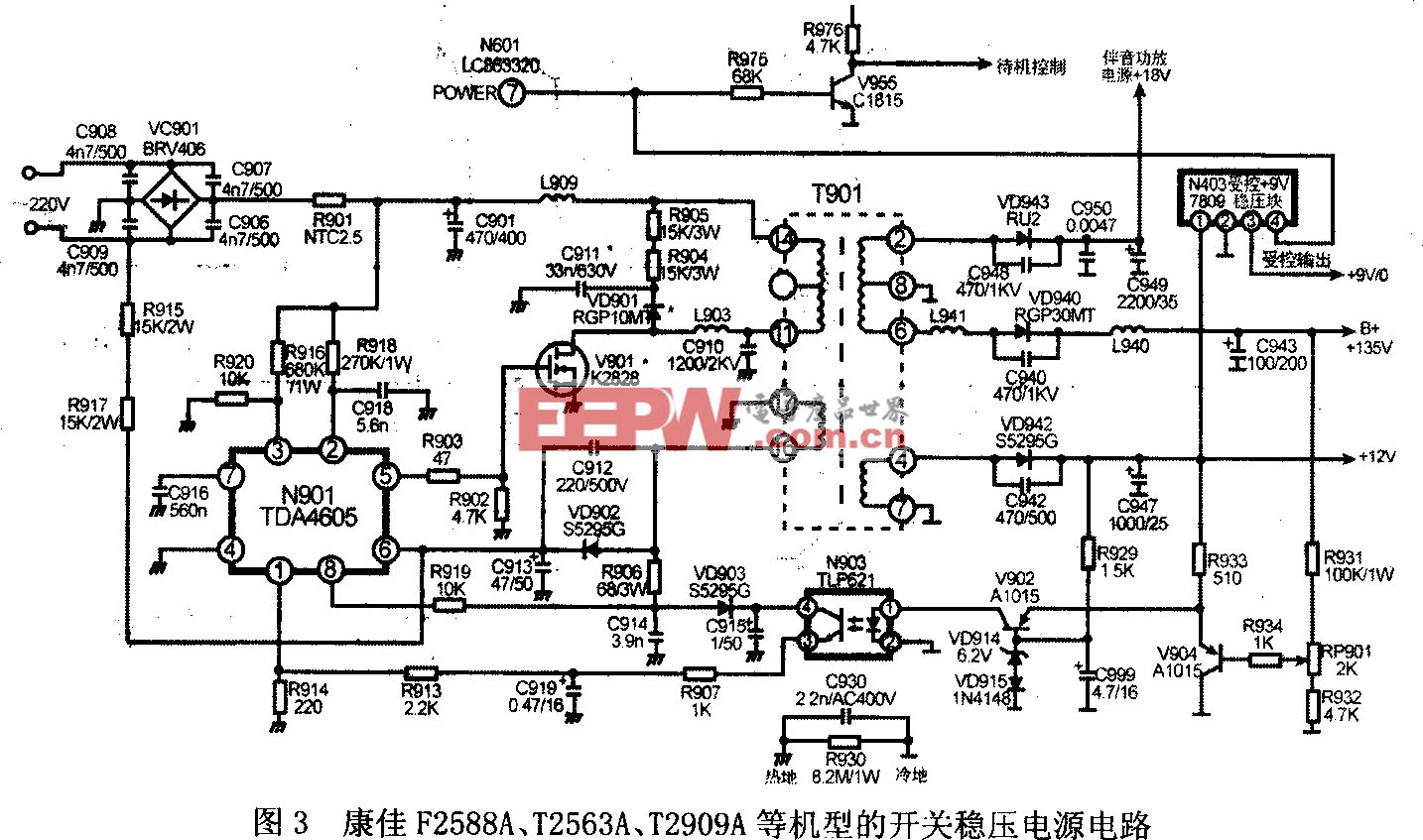 康佳彩电F2588A、T2563A、T2909A等机型开关稳压电源电路