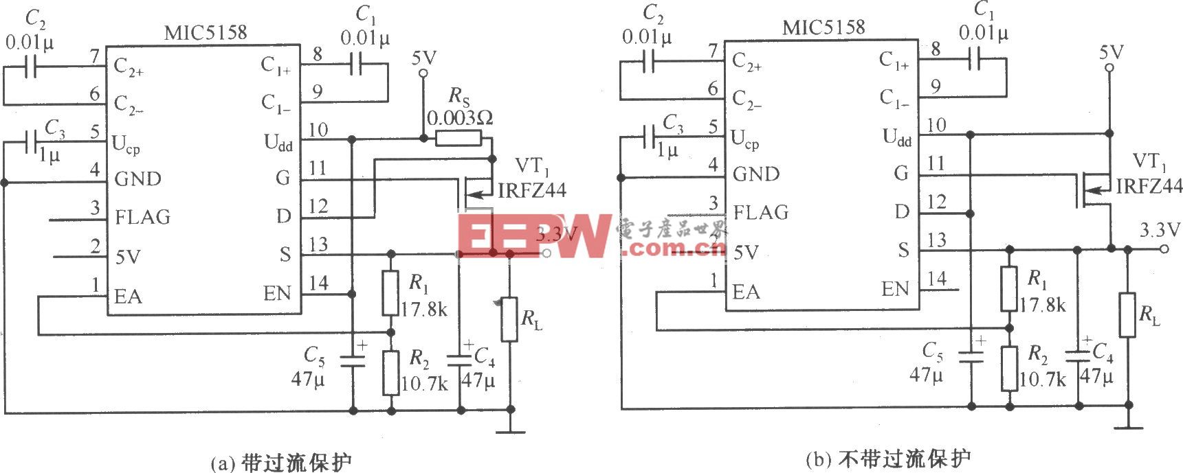 MIC5158构成的外围电路简单的5V输入、3.3V／10A输出的线性稳压器电路