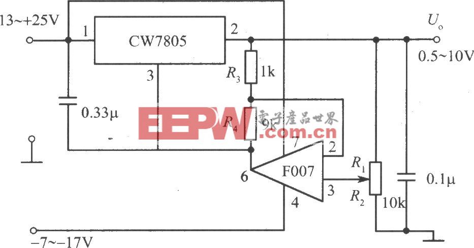 由CW7800和F007构成的输出电压可下调到0.5V的集成稳压电源电路