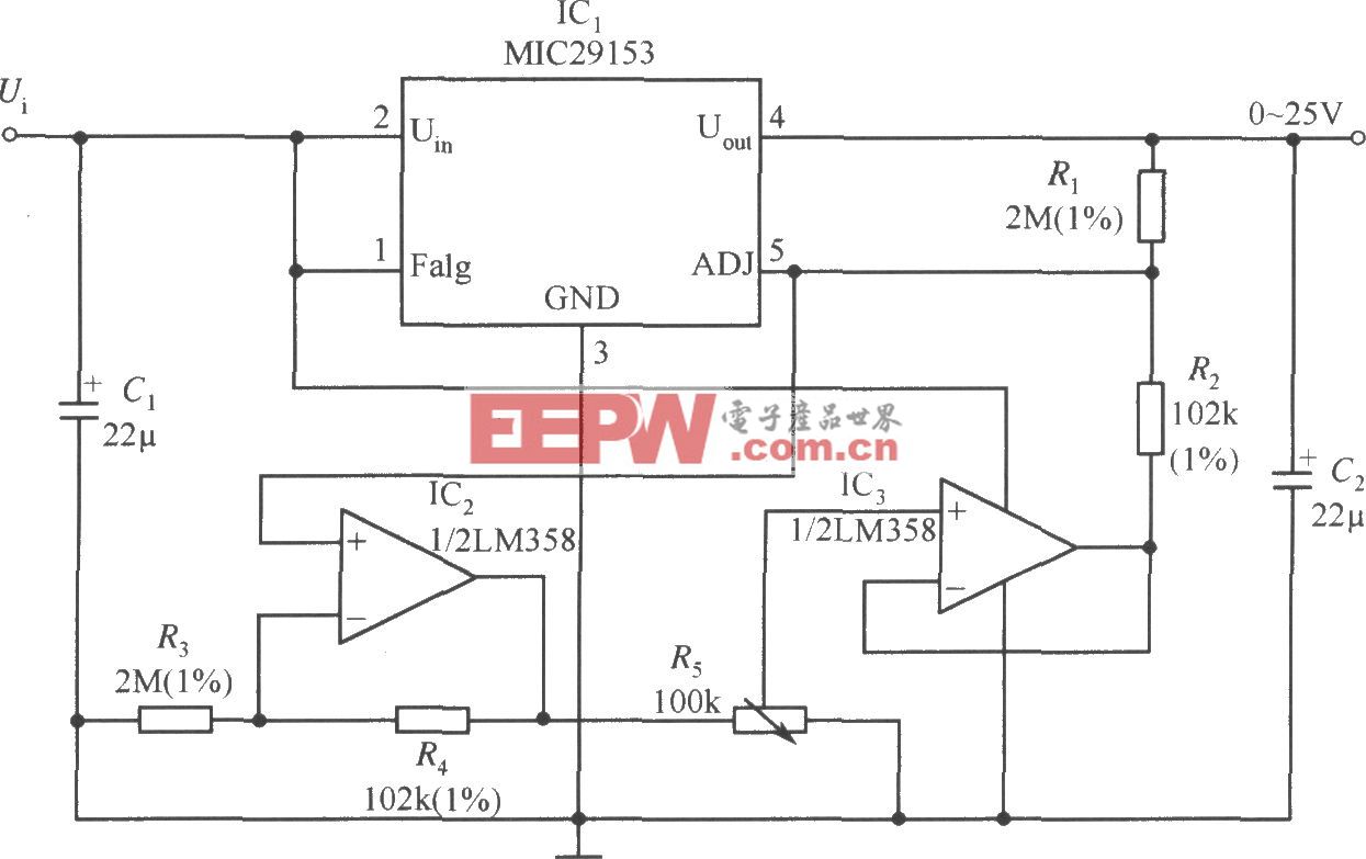 MIC29153构成的输出电压0～25V连续可调的稳压器电路