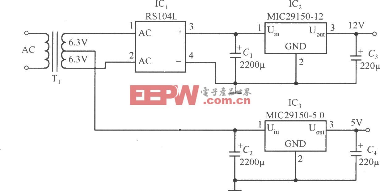 MIC29150-12和MIC29150-5.0稳压器构成的低成本的双路输出的稳压器电路