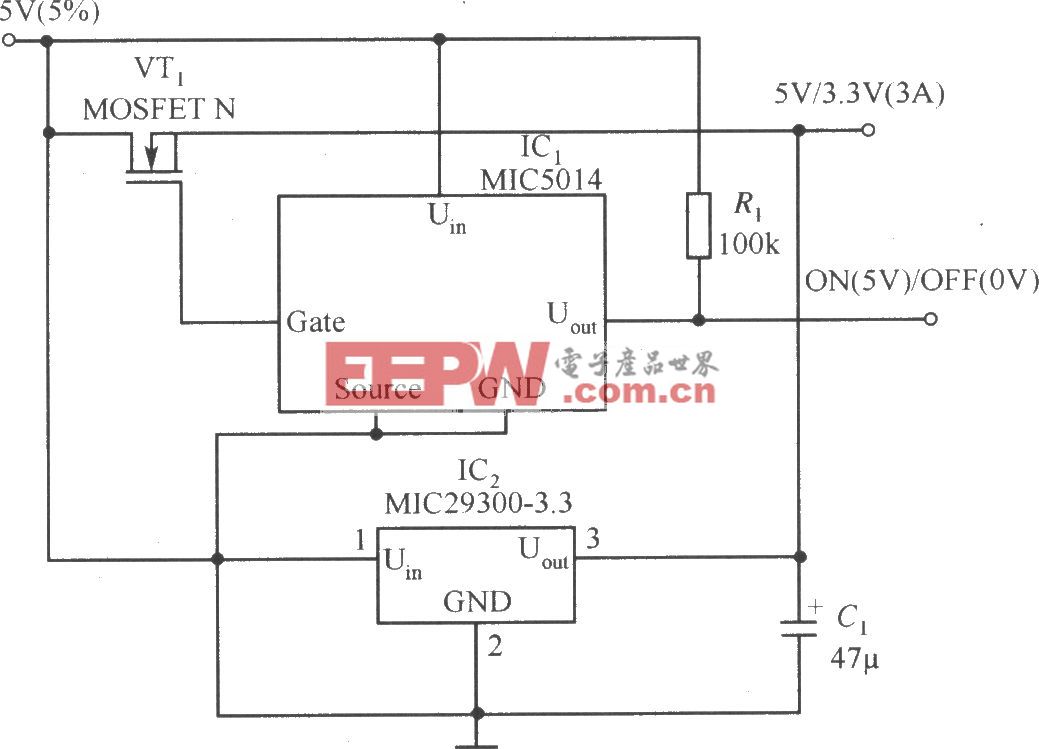 MIC29300-3.3和MIC5014构成的具有开关稳压器的效率和线性稳压器的高稳定度的稳压器电路