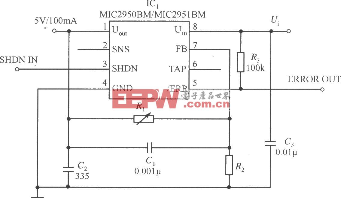 MIC2951构成的输出电压连续可调的稳压电源电路