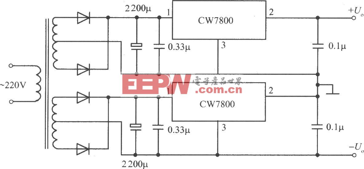 CW7800构成的正、负电压同时输出的集成稳压电源电路