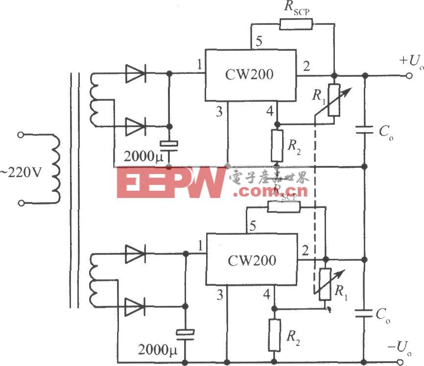 CW200构成的正、负输出电压集成稳压电源