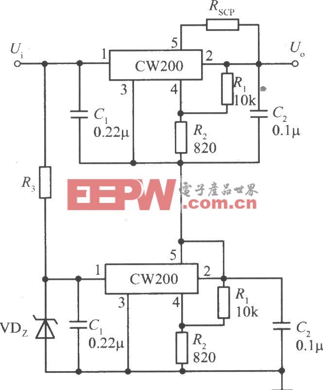 两个CW200输出电压叠加的集成稳压电源