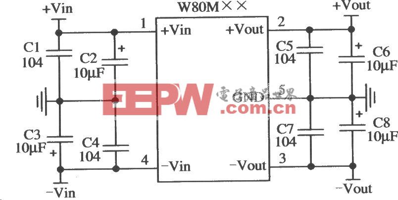 五端固定输出正负双集成稳压器LW80M××的典型应用电路