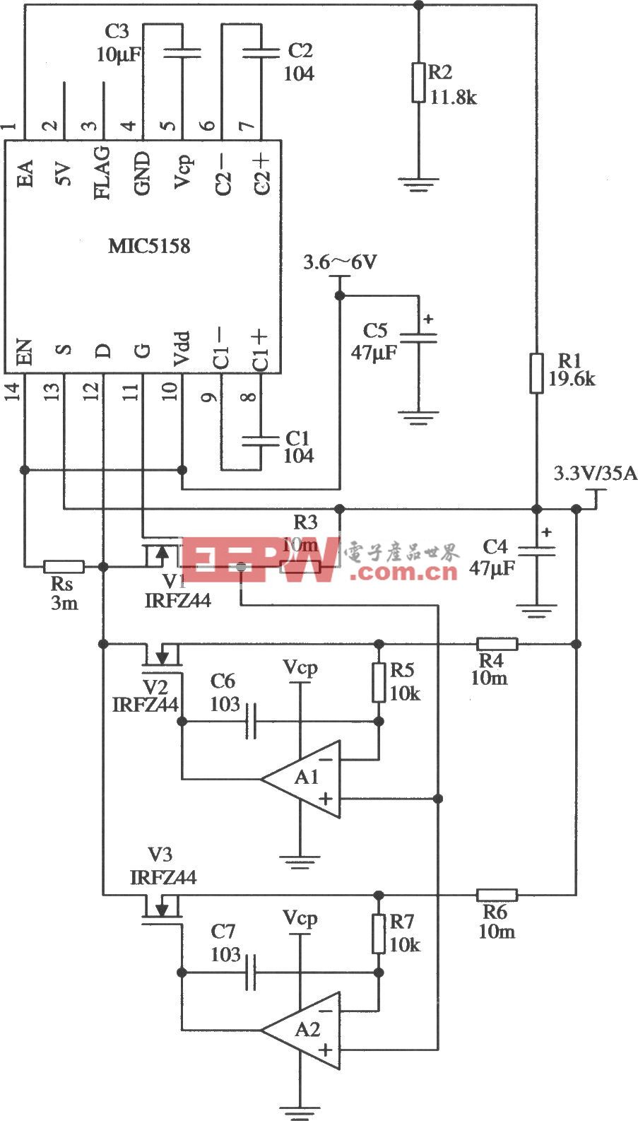 多个MOSFET管并联构成的大电流输出线性稳压器电路(MIC5158)