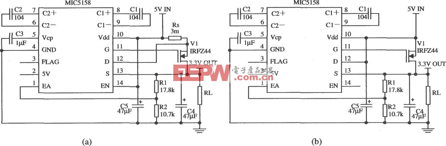 由MIC5158构成的外围电路简单的5V输入、3.3V／10A输出的线性稳压器电路