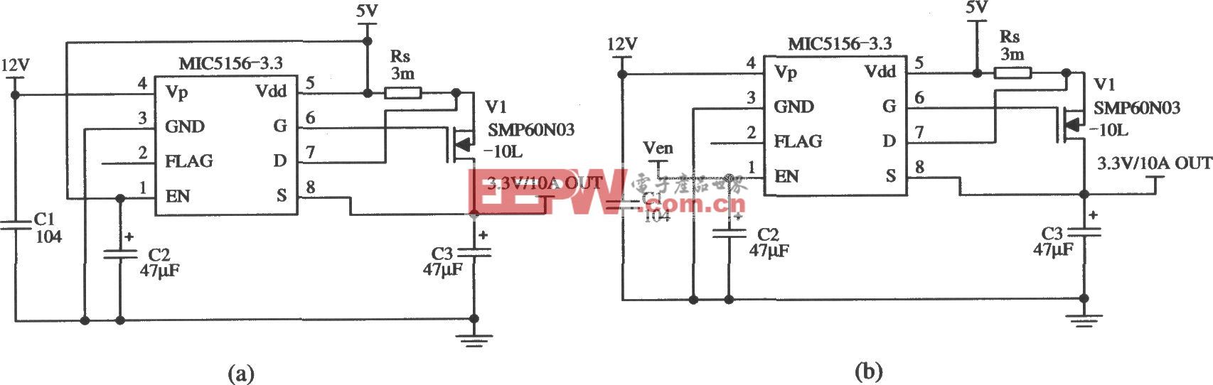 由MIC5156-3.3构成的由5V变为3.3V的稳压器电路