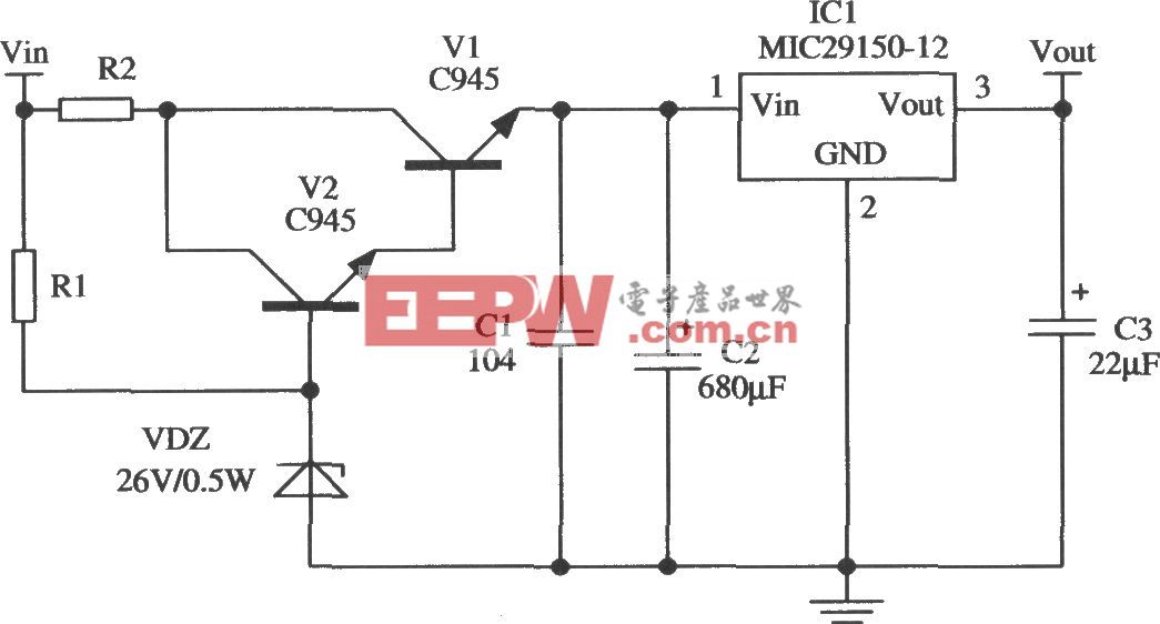 由MIC29150-12构成的具有宽输入电压范围的稳压器电路