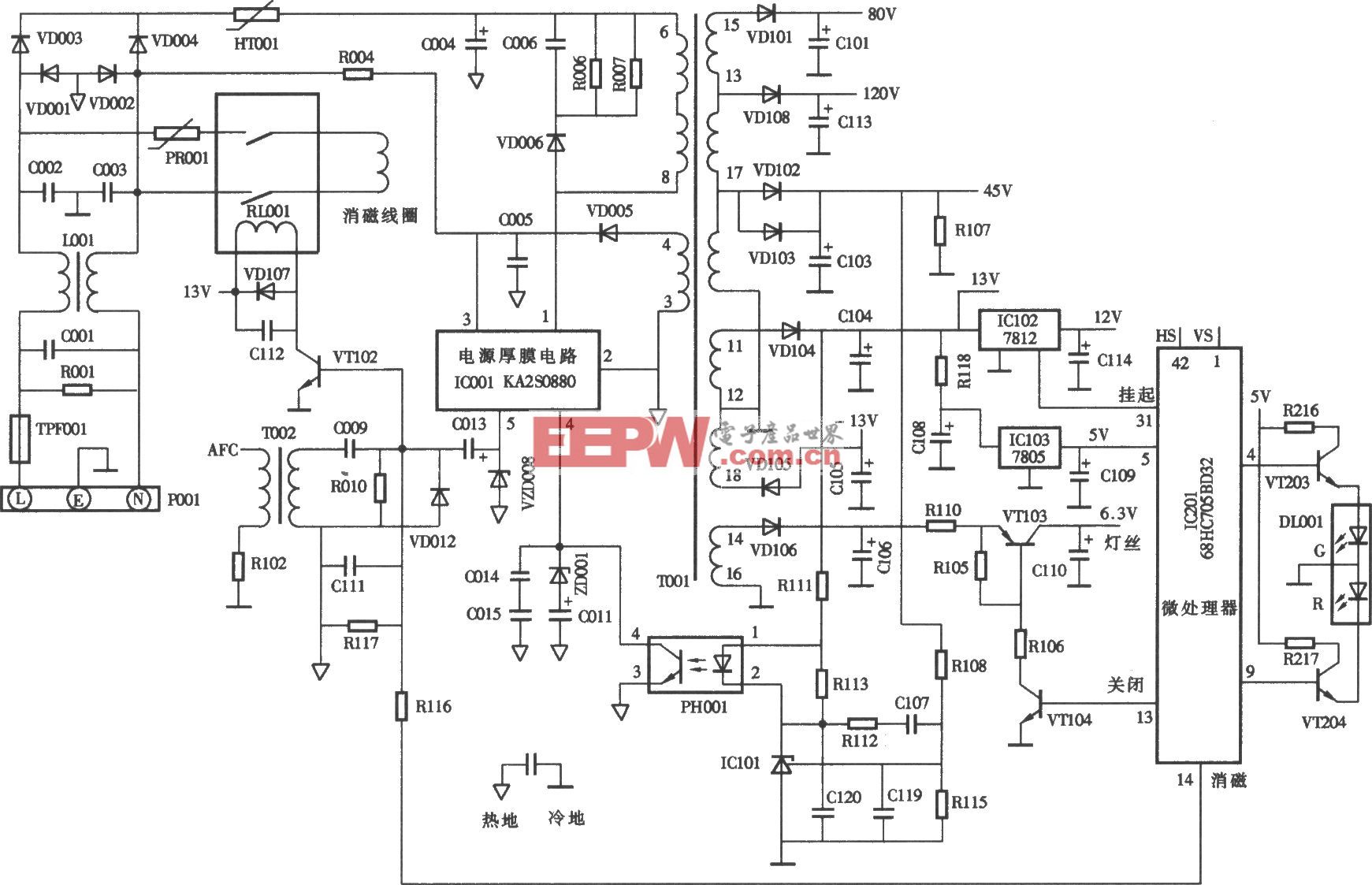 DAEW00(大宇)CMC-7108型17英寸彩显开关电源(KA2S0880) 电路