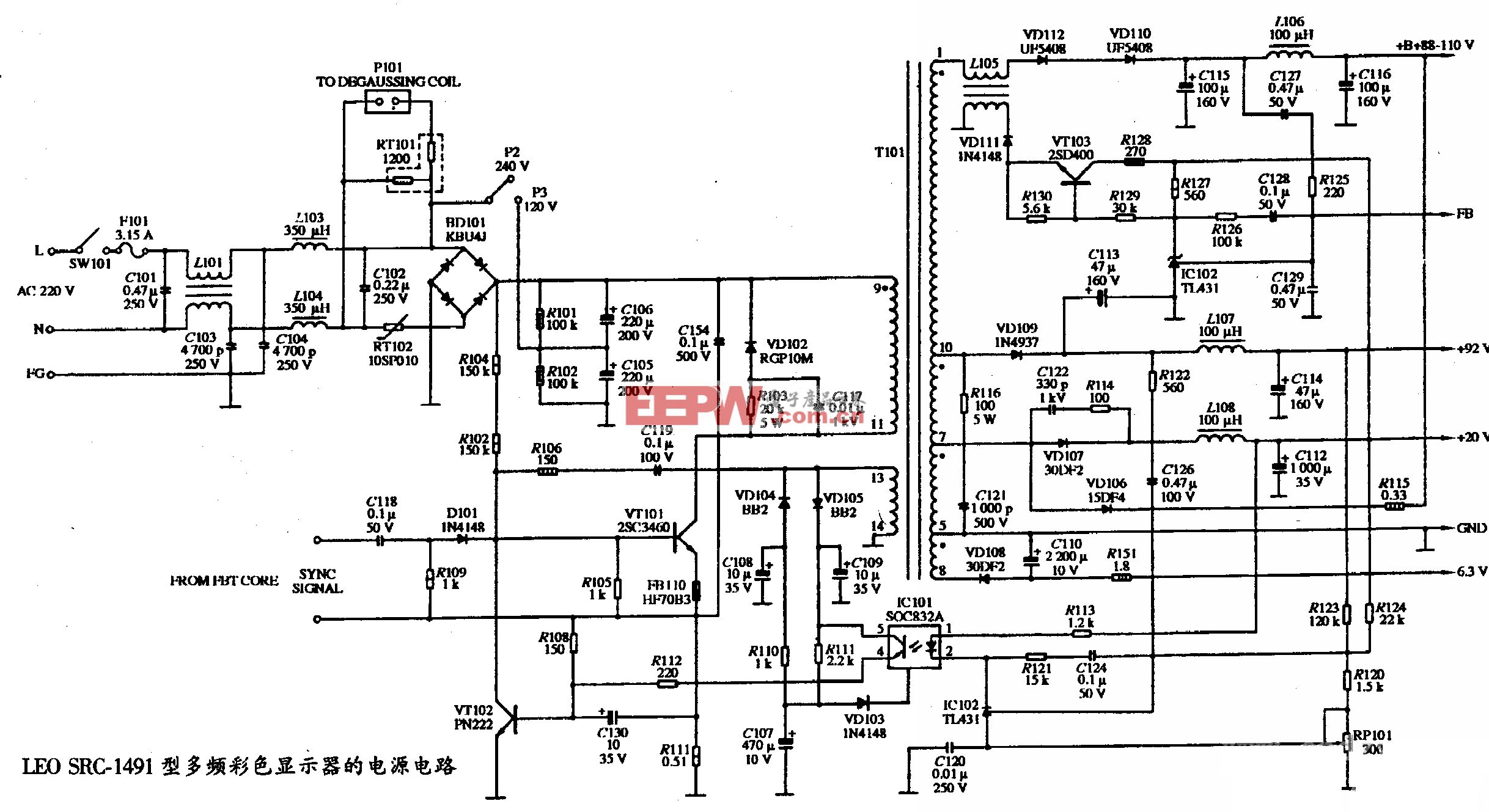 LEO SRC-1491型多频彩色显示器的电源电路图